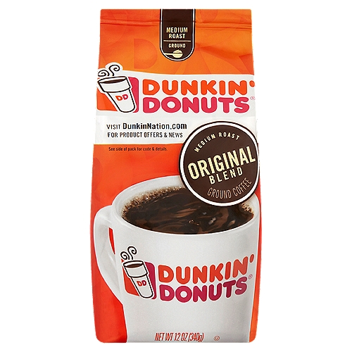 Dunkin' Donuts Original Blend Medium Roast Ground Coffee, 12 oz
100% Premium Arabica Coffee
