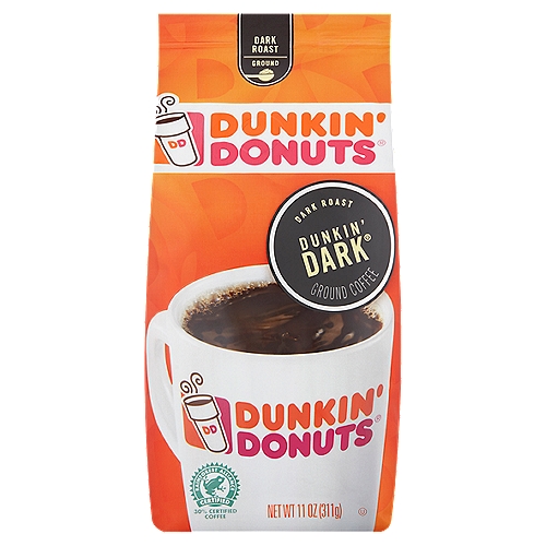Dunkin' Donuts Dark Roast Dunkin' Dark Ground Coffee, 11 oz
100% Premium Arabica Coffee

Dunkin' Dark® coffee features a bold, rich taste with the signature smoothness you'd expect from Dunkin' Donuts® coffee. Now you can experience that signature Dunkin' Donuts taste at home.