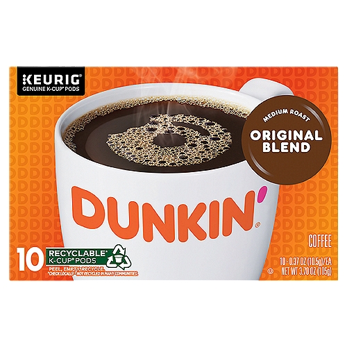 Dunkin' Original Blend Medium Roast Coffee K-Cup Pods, 0.37 oz, 10 countnAmerica runs on Dunkin' — and this is the coffee that started it all. Dunkin' Original Blend Coffee is the rich, smooth, medium roast that made the brand famous. These convenient K-Cup pods contain coffee made from 100% premium Arabica beans, roasted and blended to deliver that same deliciously drinkable coffee taste that could only be Dunkin': a perfect, no-fuss flavor. Better yet, it's ready in a snap. So, when the craving strikes and there's not even time to make it to a drive-thru, just pop a pod into your Keurig machine, and enjoy your go-to Dunkin' coffee taste at home.