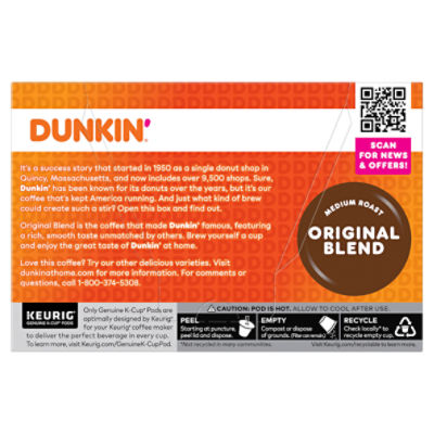 Dunkin' Donuts, Original Blend, Medium Roast, K-Cup Pods, 72ct