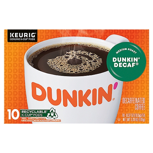 Dunkin' Donuts Dunkin' Decaf Medium Roast Decaffeinated Coffee K-Cup Pods, 0.37 oz, 10 count
100% Premium Arabica Coffee

Bring home everything you love about Dunkin' Donuts® with out Keurig® K-Cup® pods. Enjoy an authentic Dunkin' Donuts experience in no time at all with our signature-blended beans and rich aroma. It's just another way we keep you running.
America Runs on Dunkin'®

The rich, smooth taste of Dunkin' Donuts® Original Blend, decaffeinated.