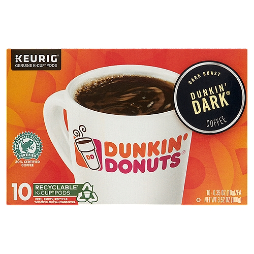Dunkin' Donuts Dunkin' Dark Roast Coffee K-Cup Pods, 0.35 oz, 10 count
100% Premium Arabica Coffee

Bring home everything you love about Dunkin' Donuts® with our Keurig® K-Cup® pods. Enjoy an authentic Dunkin' Donuts experience in no time at all with our signature-blended beans and rich aroma. It's just another way we keep you running.

Dunkin' Dark® coffee features a bold, rich taste with the signature smoothness you'd expect from Dunkin' Donuts® coffee.