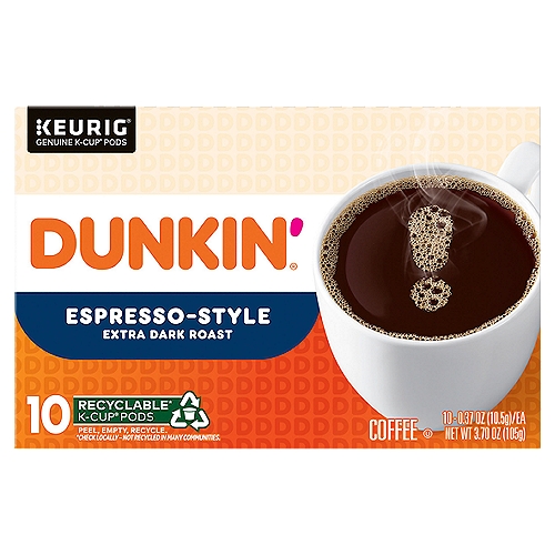Dunkin' Espresso-Style Coffee, Extra Dark Roast, Keurig K-Cup Pods, 10 Count Box