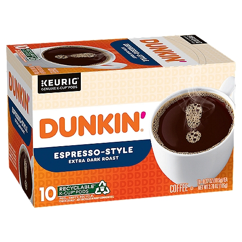 Dunkin' Espresso-Style Extra Dark Roast Coffee K-Cup Pods, 0.37 oz, 10 count
100% Premium Arabica Coffee

Dunkin' Espresso-Style coffee makes a delicious, full-bodied cup that stands up to cream, sugar or your favorite flavored syrups. Specially roasted for great bold flavor, inspired by Dunkin' espresso, it's another way you can enjoy the great taste of Dunkin' at home.