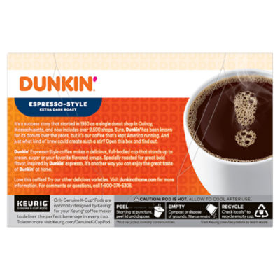 Dunkin' Espresso-Style Extra Dark Roast Coffee K-Cup Pods, 0.37 oz