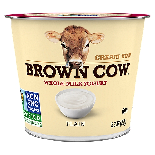 Brown Cow Cream Top Plain Whole Milk Yogurt 5.3 oz. Cup
Made with whole milk, Brown Cow Plain Cream Top Yogurt is rich and satisfying because it's made the old-fashioned way.

Our ''Original Cream Top'' yogurt is rich and satisfying because we use only whole milk. This Brown Cow yogurt is made without the use of artificial growth hormones, artificial flavors or artificial sweeteners.

5 Live Active Cultures: S. thermophilus, L. bulgaricus, L. acidophilus, Bifidus and L. paracasei.

Our Farmers' Pledge No Artificial Growth Hormones Used*
*The FDA has said no significant difference has been shown and no test can now distinguish milk from rBST treated and untreated cows.