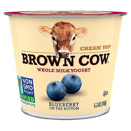 Brown Cow Cream Top Blueberry On Bottom Whole Milk Yogurt, 5.3 oz.
Made with whole milk, Brown Cow Blueberry Cream Top Yogurt is rich and satisfying because it's made the old-fashioned way.

Our ''Original Cream Top'' yogurt is rich and satisfying because we use only whole milk. This Brown Cow yogurt is sweetened with cane sugar, honey and maple syrup, and is made without the use of artificial growth hormones, artificial flavors or artificial sweeteners.

5 Live Active Cultures: S. thermophilus, L. bulgaricus, L. acidophilus, Bifidus and L. paracasei.

Our Farmers' Pledge No Artificial Growth Hormones Used*
*The FDA has said no significant difference has been shown and no test can now distinguish milk from rBST treated and untreated cows.