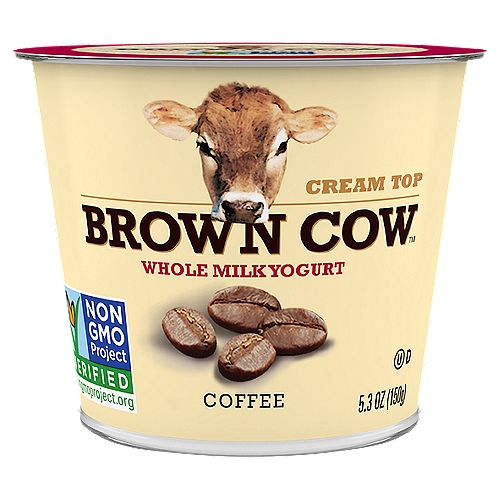 Brown Cow Cream Top Coffee Whole Milk Yogurt 5.3 oz. Cup
Made with whole milk and maple syrup, Brown Cow Coffee Cream Top Yogurt is rich and satisfying because it's made the old-fashioned way.

Our ''Original Cream Top'' yogurt is rich and satisfying because we use only whole milk. This Brown Cow yogurt is sweetened with cane sugar and maple syrup, and is made without the use of artificial growth hormones, artificial flavors or artificial sweeteners.

5 Live Active Cultures: S. thermophilus, L. bulgaricus, L. acidophilus, Bifidus and L. paracasei.

Our Farmers' Pledge No Artificial Growth Hormones Used*
*The FDA has said no significant difference has been shown and no test can now distinguish milk from rBST treated and untreated cows.