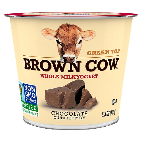 Brown Cow Cream Top Chocolate On Bottom Whole Milk Yogurt, 5.3 oz.
Made with whole milk, Brown Cow Chocolate Cream Top Yogurt is rich and satisfying because it's made the old-fashioned way.

Our ''Original Cream Top'' yogurt is rich and satisfying because we use only whole milk. This Brown Cow yogurt is sweetened with cane sugar and maple syrup, and is made without the use of artificial growth hormones, artificial flavors or artificial sweeteners.

5 Live Active Cultures: S. thermophilus, L. bulgaricus, L. acidophilus, Bifidus and L. paracasei.

Our Farmers' Pledge No Artificial Growth Hormones Used*
*The FDA has said no significant difference has been shown and no test can now distinguish milk from rBST treated and untreated cows.