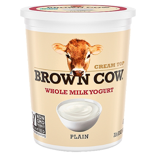 Brown Cow Cream Top Plain Whole Milk Yogurt, 32 oz. Carton
Made with whole milk, Brown Cow Plain Cream Top Yogurt is rich and satisfying because it's made the old-fashioned way.

Our ''Original Cream Top'' yogurt is rich and satisfying because we use only whole milk. This Brown Cow yogurt is made without the use of artificial growth hormones, artificial flavors or artificial sweeteners.

5 Live Active Cultures: S. thermophilus, L. bulgaricus, L. acidophilus, Bifidus and L. paracasei.

Our Farmers' Pledge No Artificial Growth Hormones Used*
*The FDA has said no significant difference has been shown and no test can now distinguish milk from rBST treated and untreated cows.