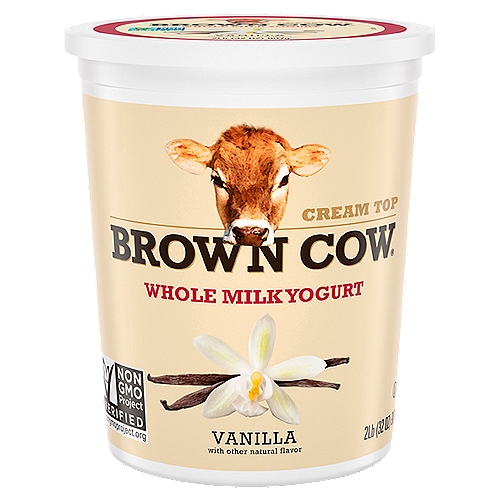 Brown Cow Cream Top Vanilla Whole Milk Yogurt, 32 oz. Carton
Made with whole milk and vanilla, Brown Cow Cream Top Vanilla Yogurt is rich and satisfying because it's made the old-fashioned way.

Our ''Original Cream Top'' yogurt is rich and satisfying because we use only whole milk. This Brown Cow yogurt is sweetened with cane sugar, honey and maple syrup, and is made without the use of artificial growth hormones, artificial flavors or artificial sweeteners.

5 Live Active Cultures: S. thermophilus, L. bulgaricus, L. acidophilus, Bifidus and L. paracasei.

Our Farmers' Pledge No Artificial Growth Hormones Used*
*The FDA has said no significant difference has been shown and no test can now distinguish milk from rBST treated and untreated cows.