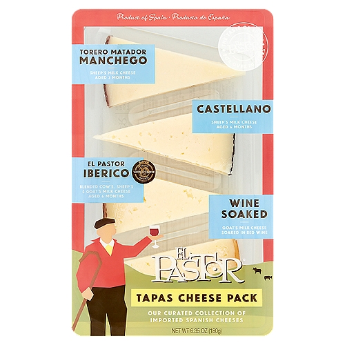 El Pastor Tapas Cheese Pack, 6.35 oz
Torero Matador Manchego
Sheep's Milk Cheese Aged 3 Months

Castellano
Sheep's Milk Cheese Aged 6 Months

El Pastor Iberico
2016-17 World Cheese Awards - Super Gold
Blended Cow's, Sheep's & Goat's Milk Cheese Aged 6 Months

Wine Soaked
Goat's Milk Cheese Soaked in Red Wine