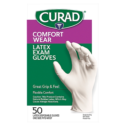 Curad Comfort Wear Latex Exam Gloves, 50 count
Flexible protection that allows excellent grip and sensitivity when handling medical gear or when cleaning.