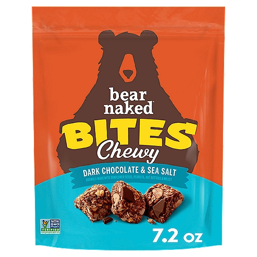 Delicious granola snack bites made with the goodness of dark chocolate, nut butters and a touch of sea salt; Perfect for on-the-go snacking
Sweet and salty granola bites featuring Fair Trade chocolate, a blend of peanut butter and cashew butter and a touch of sea salt
Contains 3g of fiber per serving (8g total fat per serving); Contains 4g of protein per serving; Non-GMO Project Verified, Gluten Free and Kosher Dairy
There's an old bear saying: Chocolate at night, bear's delight. Chocolate in morning, better get hoarding. This sage advice helped inspire our Dark Chocolate Sea Salt Granola Bites, featuring Fair Trade Chocolate and sea salt with a blend of peanut and cashew butter, whole grain oats, sunflower seeds and millet. Plus, it's all gluten-free, Non-GMO Project Verified and has 4g protein and 3g fiber per serving.