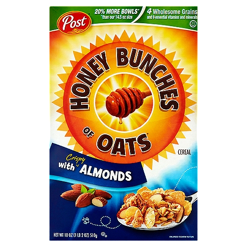 Post Honey Bunches of Oats Cereal with Crispy Almonds, 18 oz
20% more bowls*
*than our 14.5 oz size