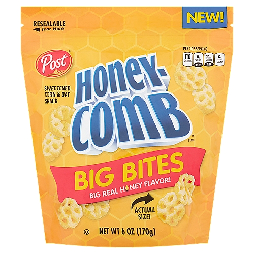 Post Honeycomb Big Bites Honey Sweetened Corn & Oat Snack, 6 oz
Perfect for On-the-Go Snacking!
• Classic honeycomb flavor
• Bite size snacking fun
• No milk needed