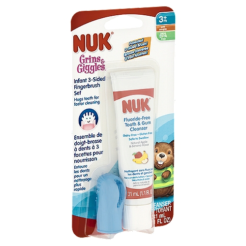 Nuk Grins & Giggles Soft Infant 3-Sided Fingerbrush Set, 3+m
• 3-sided fingerbrush cleans tops and sides of teeth in every stroke - for faster cleaning
• Bite-resistant nubs also massage sore gums
• Cleanser is fluoride free, dairy free, gluten free and contains no artificial colors