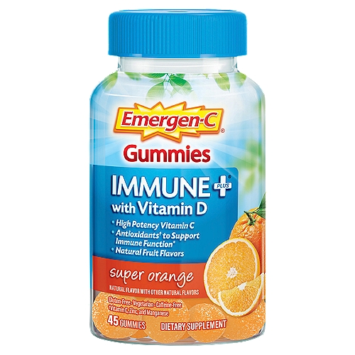 Emergen-C Immune Plus with Vitamin D Super Orange Gummies Dietary Supplement, 45 count
Antioxidants† to support immune function*
†Vitamin C, zinc, and manganese

Vitamin D plays an important role in regulating immune system function.*
*This statement has not been evaluated by the Food and Drug Administration. This product is not intended to diagnose, treat, cure or prevent any disease.