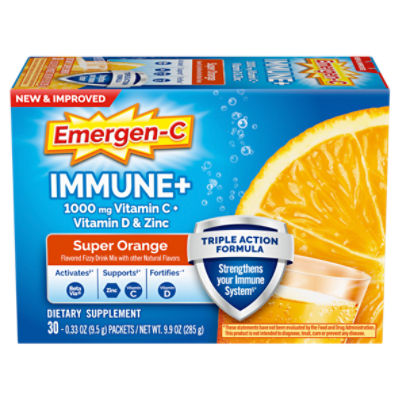 Emergen-C Immune+ Triple Action Vitamin C Powder, BetaVia (R), Super Orange - 30 Count