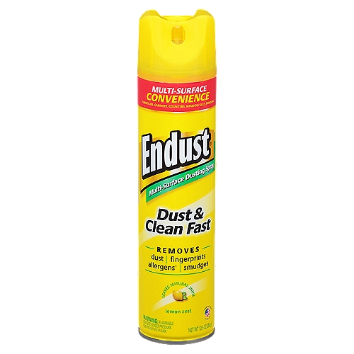 Endust Lemon Zest Multi-Surface Dusting Spray, 12.5 oz
Spray on, wipe off, Move On!™

Endust® picks-up and holds dust, while also eliminating allergens*, fingerprints, smears and smudges. The fast-acting formula works on just about any surface in your home, leaving behind a light shine and refreshing lemon scent. How nice.
*Removes the allergens from dust and pet dander.