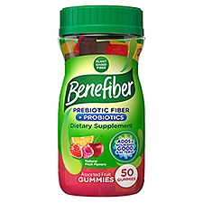 Benefiber Prebiotic Fiber Supplement Gummies with Probiotics for Digestive Health, Assorted Fruit Flavors - 50 Count