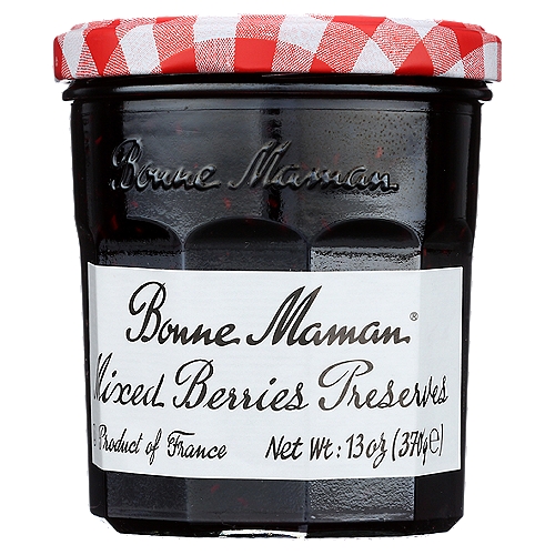 Bonne Maman Mixed Berries Preserves, 13 oz
Bonne Maman Preserves are made with simple, natural ingredients and whole pieces of premium fruit for the delicious homemade taste you love. No high fructose corn syrup, additives or preservatives.

Combining blackberries, raspberries, blueberries and wild strawberries, our Bonne Maman Mixed Berries Preserves flavor and texture is made with natural ingredients only.

Bonne Maman was founded in a small village nestled in a beautiful region in the South of France known for its superior fruit. Inspired by time-honored family recipes, love of homemade food and the wish to bring people closer every day, these values are still at the core of everything Bonne Maman.