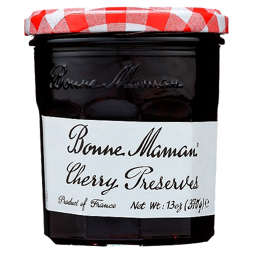 Bonne Maman Cherry Preserves, 13 oz
Bonne Maman Preserves are made with simple, natural ingredients and whole pieces of premium fruit for the delicious homemade taste you love. No high fructose corn syrup, additives or preservatives.

A deep red color and lots of cherries make our Bonne Maman Cherry Preserves an all-time favorite.

Bonne Maman was founded in a small village nestled in a beautiful region in the South of France known for its superior fruit. Inspired by time-honored family recipes, love of homemade food and the wish to bring people closer every day, these values are still at the core of everything Bonne Maman.