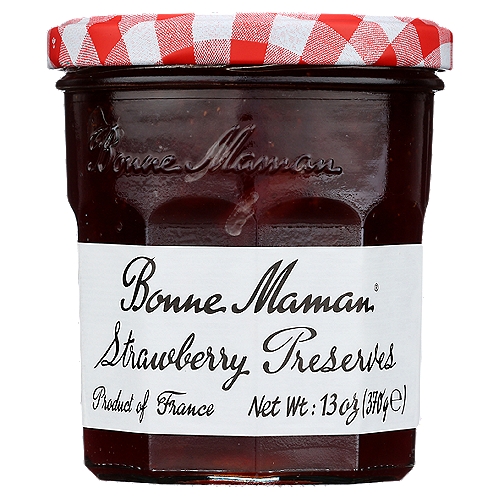 Bonne Maman Strawberry Preserves, 13 oz
Bonne Maman Preserves are made with simple, natural ingredients and whole pieces of premium fruit for the delicious homemade taste you love. No high fructose corn syrup, additives or preservatives.

Combining the highest quality strawberries available, Bonne Maman Strawberry Preserves pairs perfectly with Goat Cheese, Waffles and Pancakes.

Bonne Maman was founded in a small village nestled in a beautiful region in the South of France known for its superior fruit. Inspired by time-honored family recipes, love of homemade food and the wish to bring people closer every day, these values are still at the core of everything Bonne Maman.