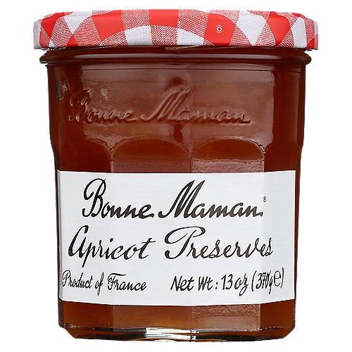 Bonne Maman Apricot Preserves, 13 oz
Bonne Maman Preserves are made with simple, natural ingredients and whole pieces of premium fruit for the delicious homemade taste you love. No high fructose corn syrup, additives or preservatives.

Made with only the highest quality apricots and other natural ingredients, our Bonne Maman Apricot Preserves is perfect for spreading on crepes and waffles!

Bonne Maman was founded in a small village nestled in a beautiful region in the South of France known for its superior fruit. Inspired by time-honored family recipes, love of homemade food and the wish to bring people closer every day, these values are still at the core of everything Bonne Maman.