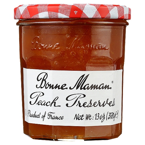 Bonne Maman Peach Preserves, 13 oz 
Bonne Maman Preserves are made with simple, natural ingredients and whole pieces of premium fruit for the delicious homemade taste you love. No high fructose corn syrup, additives or preservatives.

Made with only the highest quality peaches and other natural ingredients, our Bonne Maman Peach Preserves is perfect for spreading on toast and tartlets!

Bonne Maman was founded in a small village nestled in a beautiful region in the South of France known for its superior fruit. Inspired by time-honored family recipes, love of homemade food and the wish to bring people closer every day, these values are still at the core of everything Bonne Maman.