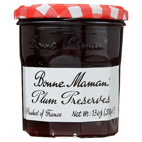 Bonne Maman Preserves Plum, 13 oz
Bonne Maman Preserves are made with simple, natural ingredients and whole pieces of premium fruit for the delicious homemade taste you love. No high fructose corn syrup, additives or preservatives.

Like all Bonne Maman flavors, Bonne Maman Plum Preserves is made with natural ingredients including the highest quality plums available.

Bonne Maman was founded in a small village nestled in a beautiful region in the South of France known for its superior fruit. Inspired by time-honored family recipes, love of homemade food and the wish to bring people closer every day, these values are still at the core of everything Bonne Maman.
