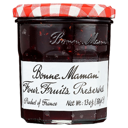 Bonne Maman Four Fruits Preserves, 13 oz
Bonne Maman Preserves are made with simple, natural ingredients and whole pieces of premium fruit for the delicious homemade taste you love. No high fructose corn syrup, additives or preservatives.

Bonne Maman Four Fruits Preserves is made with just 4 simple, natural ingredients, delivering a homemade taste. Bonne Maman Four Fruits Preserves combines wonderfully with many recipes.

Bonne Maman was founded in a small village nestled in a beautiful region in the South of France known for its superior fruit. Inspired by time-honored family recipes, love of homemade food and the wish to bring people closer every day, these values are still at the core of everything Bonne Maman.