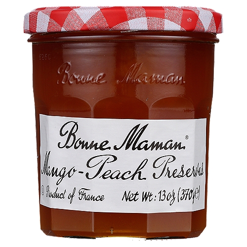 Bonne Maman Mango-Peach Preserves, 13 oz
Bonne Maman Preserves are made with simple, natural ingredients and whole pieces of premium fruit for the delicious homemade taste you love. No high fructose corn syrup, additives or preservatives.

Bonne Maman Mango-Peach Preserves is made with just 4 simple, natural ingredients, delivering a homemade taste. It's the perfect mixture to spread on an avocado toast or with classic recipes.

Bonne Maman was founded in a small village nestled in a beautiful region in the South of France known for its superior fruit. Inspired by time-honored family recipes, love of homemade food and the wish to bring people closer every day, these values are still at the core of everything Bonne Maman.