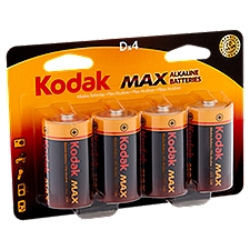 Kodak Max Alkaline D 1.5V Batteries, 4 count
