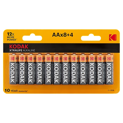 Kodak Xtralife 1.5V AA Alkaline Batteries, 12 count
12x more power**
**vs Kodak Heavy Duty Zinc Batteries

10 year guarantee*
*in storage