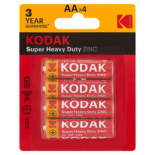 Kodak Super Heavy Duty 1.5V AA Zinc Batteries, 4 count
3 year guarantee*
*in storage