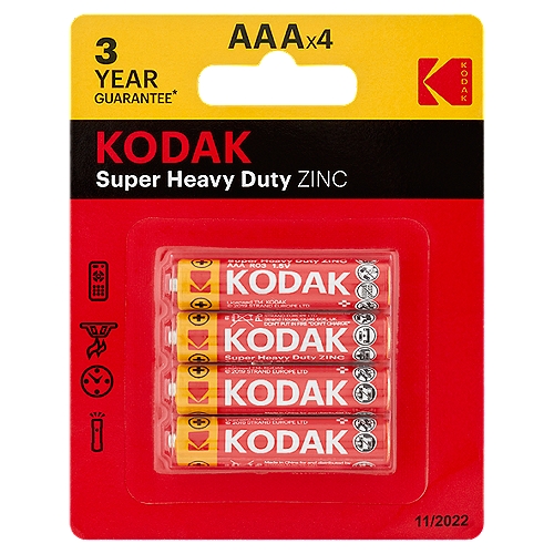 Kodak Super Heavy Duty Zinc 1.5V AAA Batteries, 4 count
3 year guarantee*
*in storage