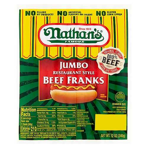 Nathan's Famous Jumbo Restaurant Style Beef Franks Dinner Size, 5 count, 12 oz