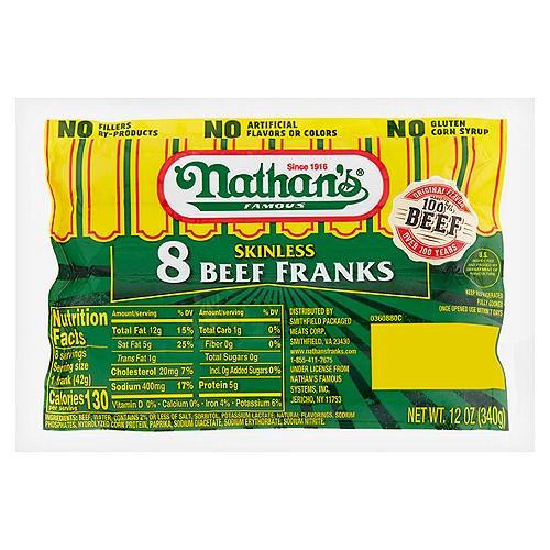 Nathan's Famous Skinless Beef Franks, 8 count, 12 oz