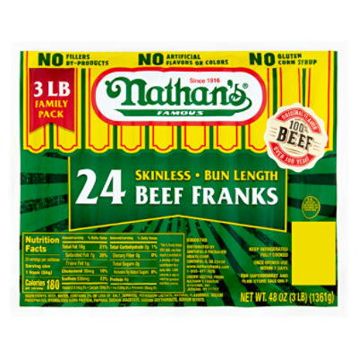 Nathan's Famous Skinless Bun Length Beef Franks Family Pack, 24 count, 48 oz ShopRite