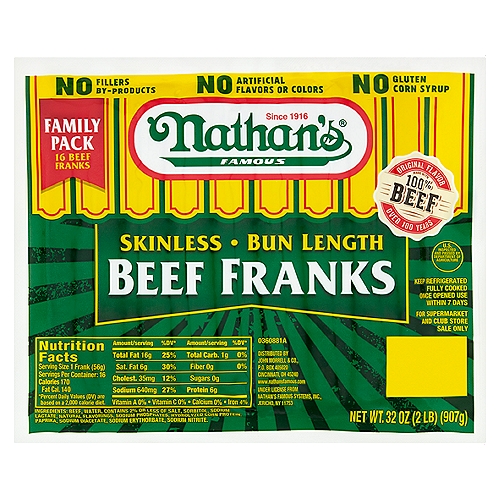 Nathan's Famous Skinless Bun Length Beef Franks Family Pack, 16 count, 32 oz