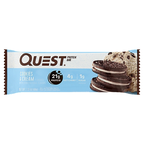 Quest Cookies & Cream Flavored Protein Bar, 2.12 oz
4g Net Carbs*
*21g total carbs - 13g fiber - 4g sugar alcohols = 4g net carbs