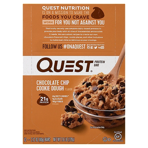 QUEST Chocolate Chip Cookie Dough Flavor Protein Bar, 2.12 oz, 12 count