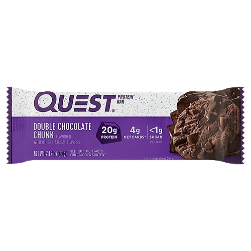 Quest Double Chocolate Chunk Flavored Protein Bar, 2.12 oz
4g Net Carbs*
*24g total carbs - 12g fiber - 8g sugar alcohols = 4g net carbs