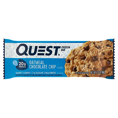 Quest Oatmeal Chocolate Chip Flavor Protein Bar, 2.12 oz
5g Net Carbs*
*23g carbs - 16g fiber - 2g erythritol = 5g net carbs