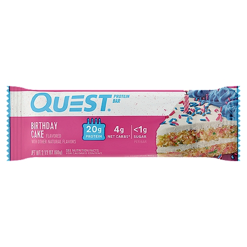 Quest Birthday Cake Flavored Protein Bar, 2.12 oz
4g Net Carbs*
*24g total carbs - 12g fiber - 8g sugar alcohols = 4g net carbs
