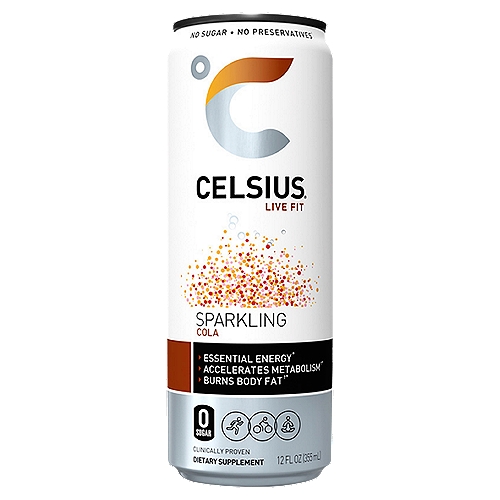 Celsius Live Fit Sparkling Cola Dietary Supplement, 12 fl oz
Essential Energy*
Accelerates Metabolism†*
Burns Body Fat†*

How Does It Work?
Celsius' proprietary MetaPlus® formula, including green tea with EGCG, ginger and guarana seed, turns on thermogenesis, a process that boosts your body's metabolic rate.†*
Drinking Celsius® prior to fitness activities is proven to energize, accelerate metabolism, burn body fat and calories.†*
Celsius® provides essential energy to Live Fit.
† Celcius alone does not produce weight loss in the absence of a healthy diet and moderate exercise. So, whether you walk the dog or work out at the gym, make Celcius part of your daily regimen.
*These statements have not been evaluated by the Food and Drug Administration. This product is not intended to diagnose, treat, cure or prevent any disease.