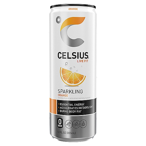 Celsius Live Fit Sparkling Orange Dietary Supplement, 12 fl oz
Healthy Energy*
Accelerates Metabolism†*
Burns Body Fat†*

How Does It Work?
Celsius' proprietary MetaPlus® formula, including green tea with EGCG, ginger and guarana seed, turns on thermogenesis, a process that boosts your body's metabolic rate.†*
Drinking Celsius® prior to fitness activities is proven to energize, accelerate metabolism, burn body fat and calories.†*
† Celcius alone does not produce weight loss in the absence of a healthy diet and moderate exercise. So, whether you walk the dog or work out at the gym, make Celcius part of your daily regimen.
*These statements have not been evaluated by the Food and Drug Administration. This product is not intended to diagnose, treat, cure or prevent any disease.