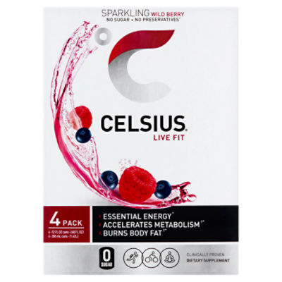 CELSIUS Sparkling Wild Berry, Functional Essential Energy Drink 12 Fl Oz (Pack of 4)