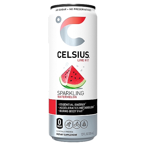 CELSIUS Essential Energy Drink 12 Fl Oz, Sparkling Watermelon (Single Can)
Dietary Supplement

Essential Energy*
Accelerates Metabolism†*
Burns Body Fat†*

How Does It Work?
CELSIUS' proprietary MetaPlus® formula, including green tea with EGCG, ginger and guarana seed, turns on thermogenesis, a process that boosts your body's metabolic rate.†*
Drinking CELSIUS® prior to fitness activities is proven to energize, accelerate metabolism, burn body fat and calories.†*
† CELSIUS alone does not produce weight loss in the absence of a healthy diet and moderate exercise. So, whether you walk the dog or work out at the gym, make CELSIUS part of your daily regimen.
*These statements have not been evaluated by the Food and Drug Administration. This product is not intended to diagnose, treat, cure or prevent any disease.

No Preservatives‡
‡ Citric acid is added for flavor; it is not used as a preservative.